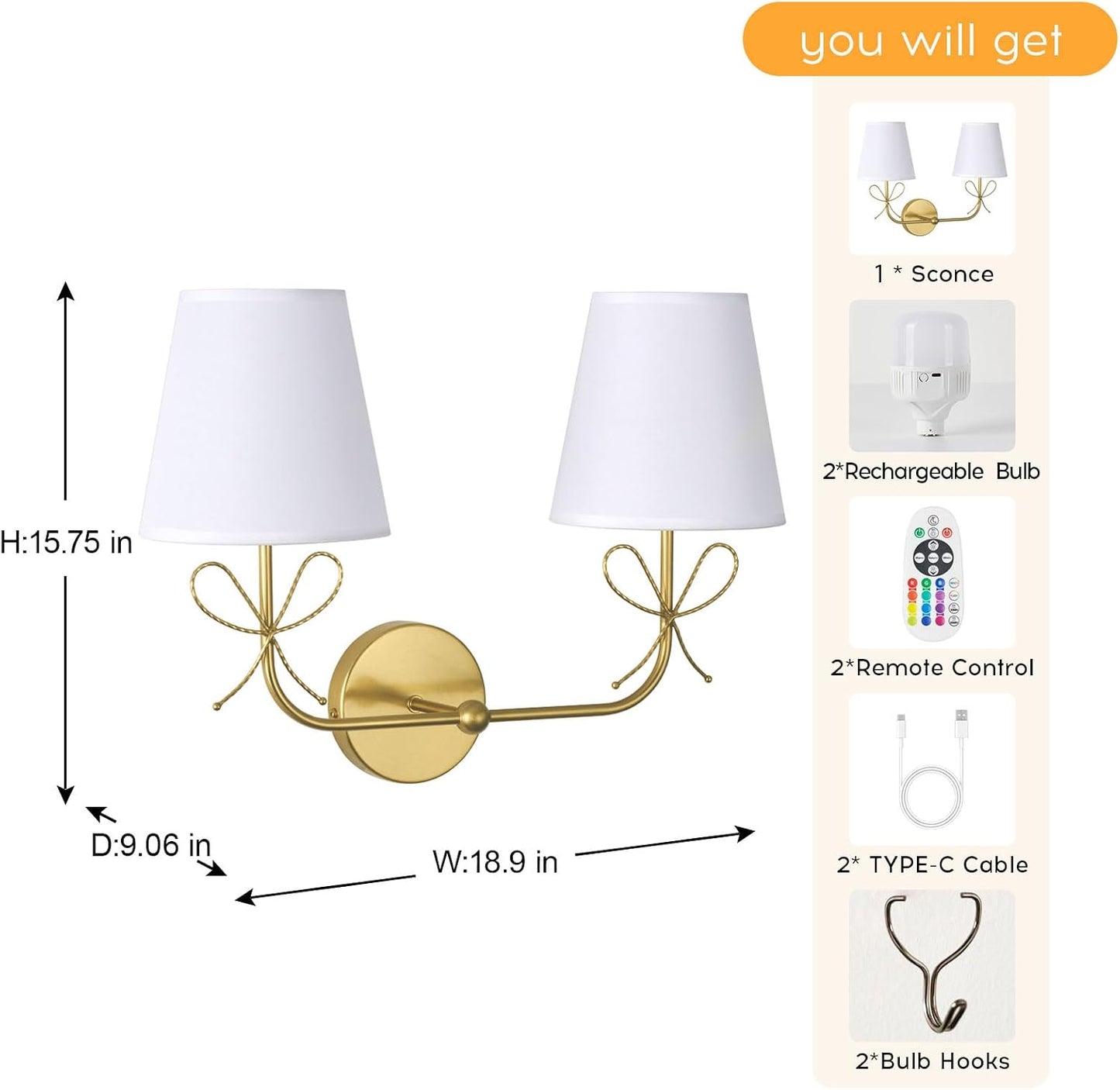 PASSICA DECOR Bow Battery Operated Wall Sconce, Rechargeable Wireless Double Lights with Dimmable Bulbs, 15 Colors and