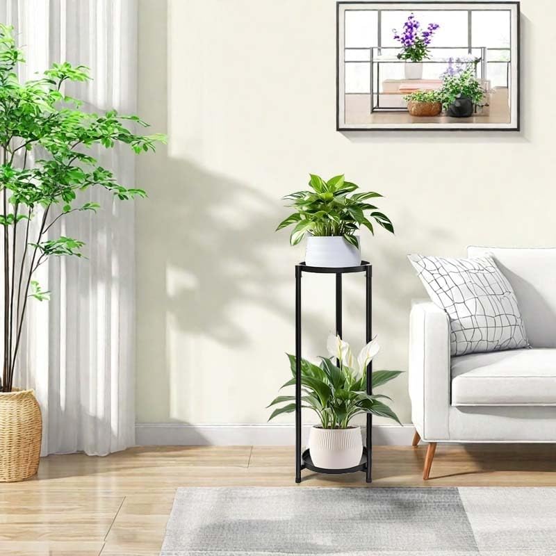 Plant Stand Indoor Outdoor, 2 Tier 24" Tall Black Round Shape Plant Stands | Heavy Duty Metal Plants Shelf, Rustproof