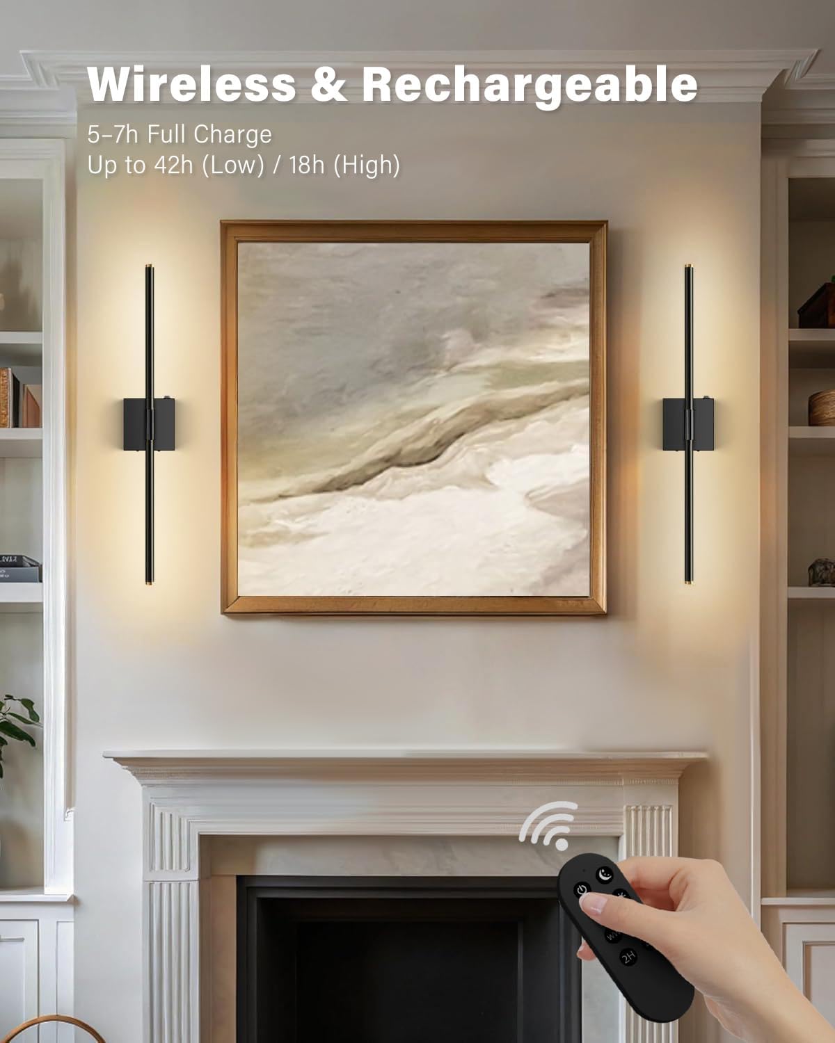 SAIMAND Battery Operated Wall Sconces Set of 2, Wireless Lights with Remote | USB Rechargeable Picture Lamp, 360°