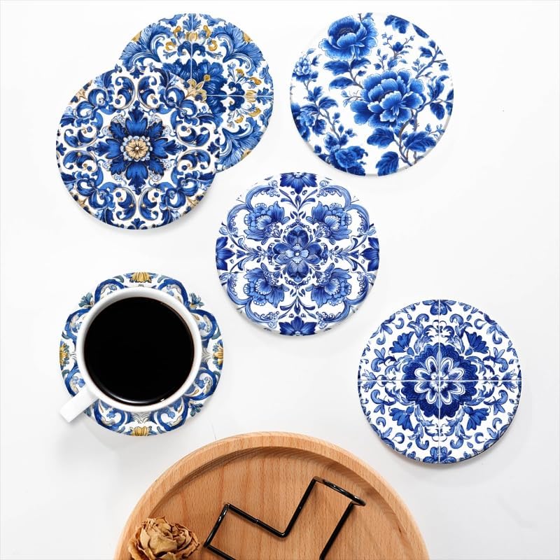 Holder and White Porcelain Coasters / 4in/10cm / Color-3 / Blue / Set of 6