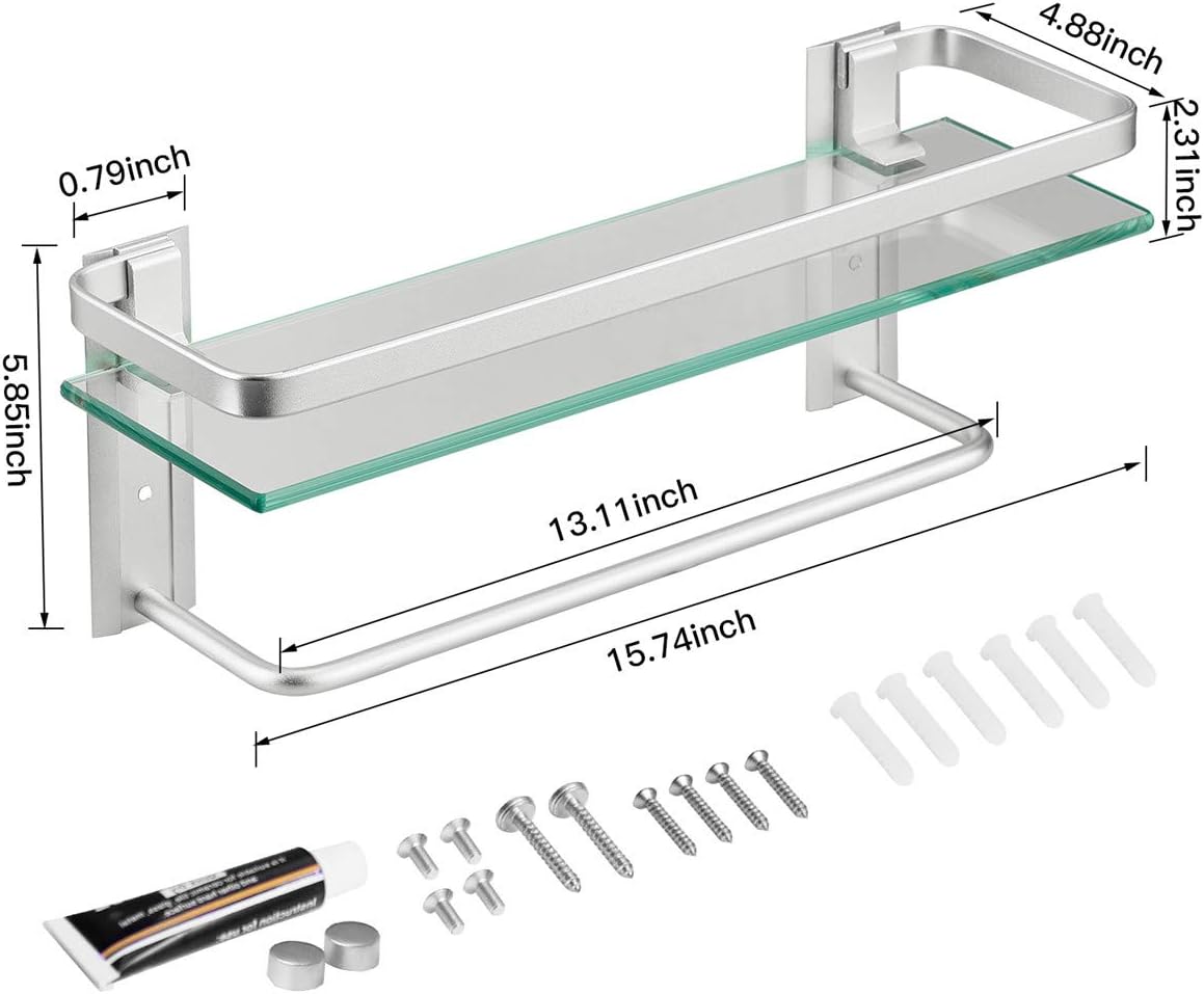 Glass Shelf with Towel Bar 15.7in Silver Bathroom Shelf Wall Mount Rustproof Bathroom Wall Organizer 1 Tier (Silver)