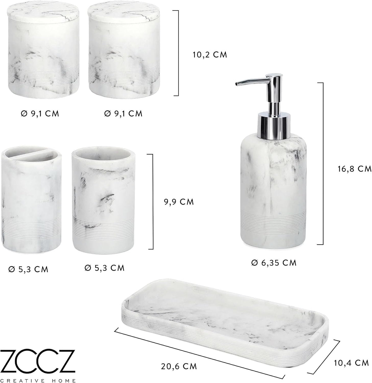 White Marble Bathroom Accessories Set 6 Pieces - Toothbrush Holder, Lotion Dispenser, Qtip Container, Vanity Tray