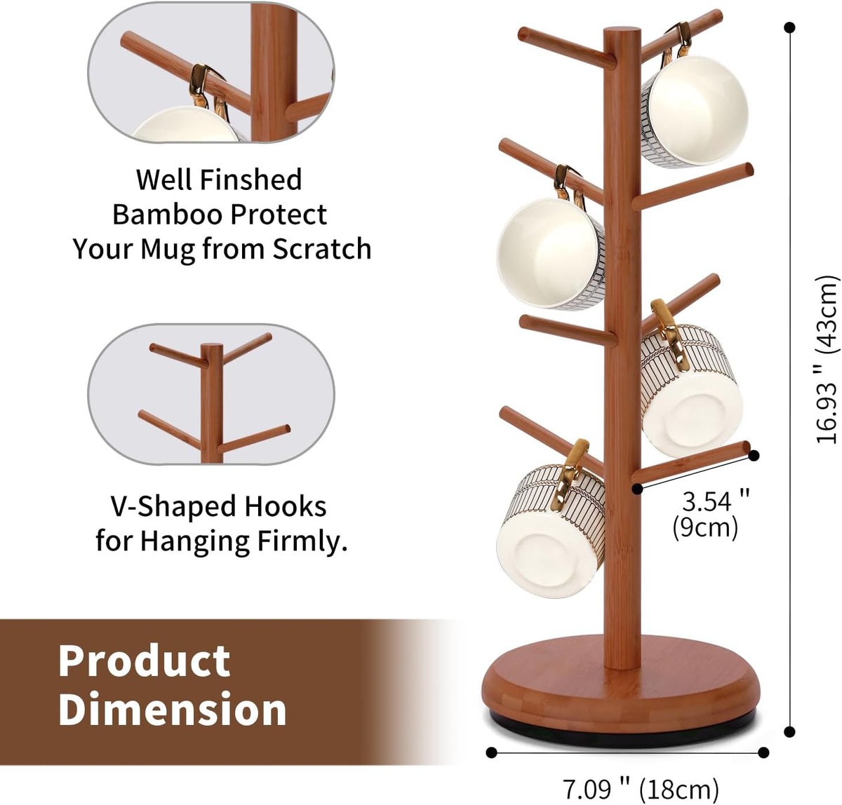 BAMBANG Mug Holder, 360° Rotating Mug Tree Holds 8 Coffee Cups, Space Saving Mug Stand with Stable Base for Kitchen
