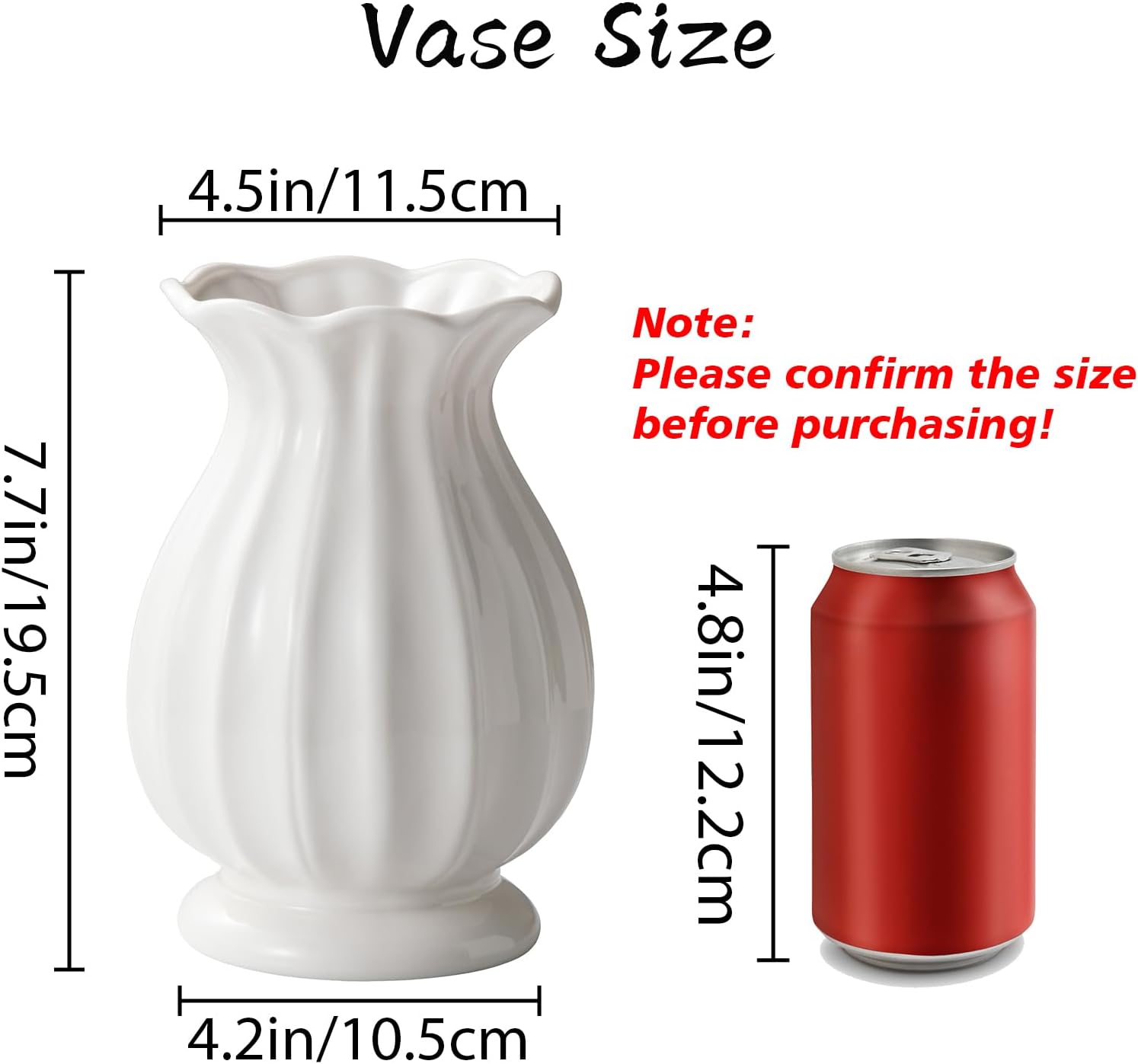 Ceramic Vase / Unique Vases for Farmhouse / White / 7.8 Inch
