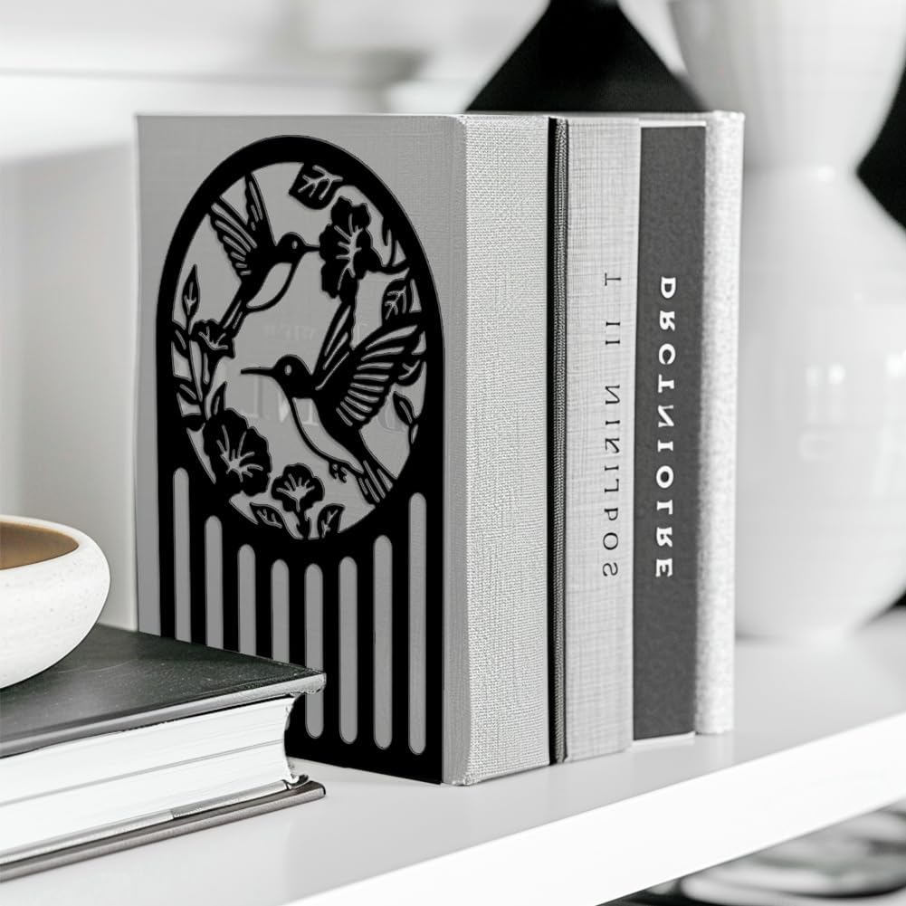 Metal Bookends / Modern Decorative Heavy Duty Study Book Ends Stoppers / Hummingbird and Flower