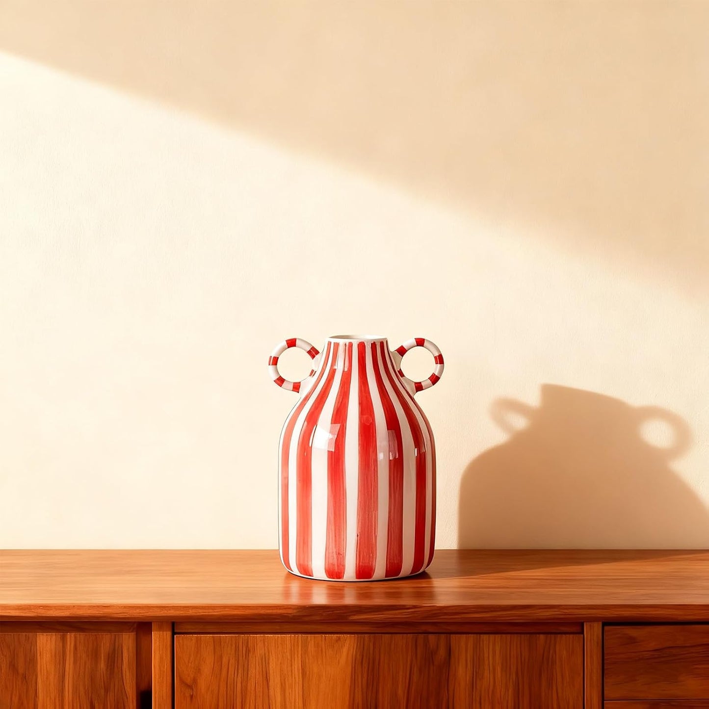 Ceramic Red and White Striped Vase / Red White