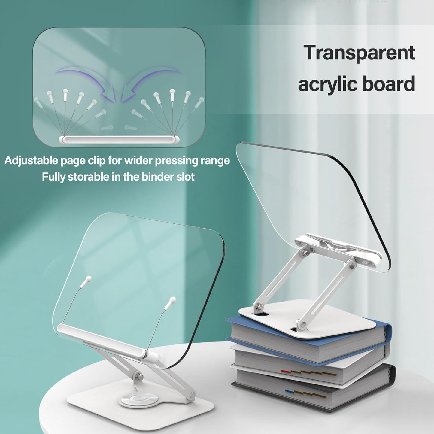 BYMECOST Acrylic Book Stand for Reading, Adjustable Book Holder, White | Foldable Desktop Riser Stand with 360°
