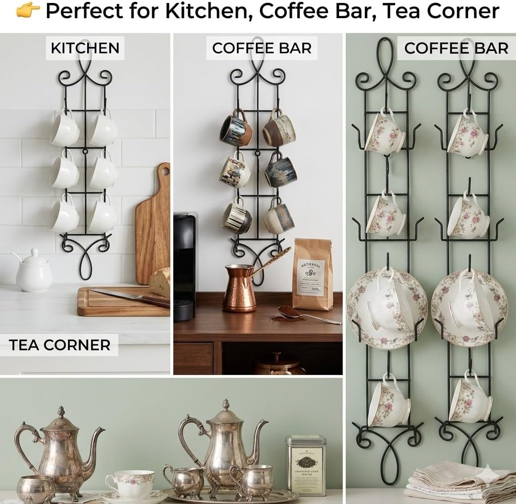 HOHIYA Wall Mount Tea Cup Rack 2 Pack Coffee Mug Organizer Black | Displays and organizes teacups, coffee mugs and