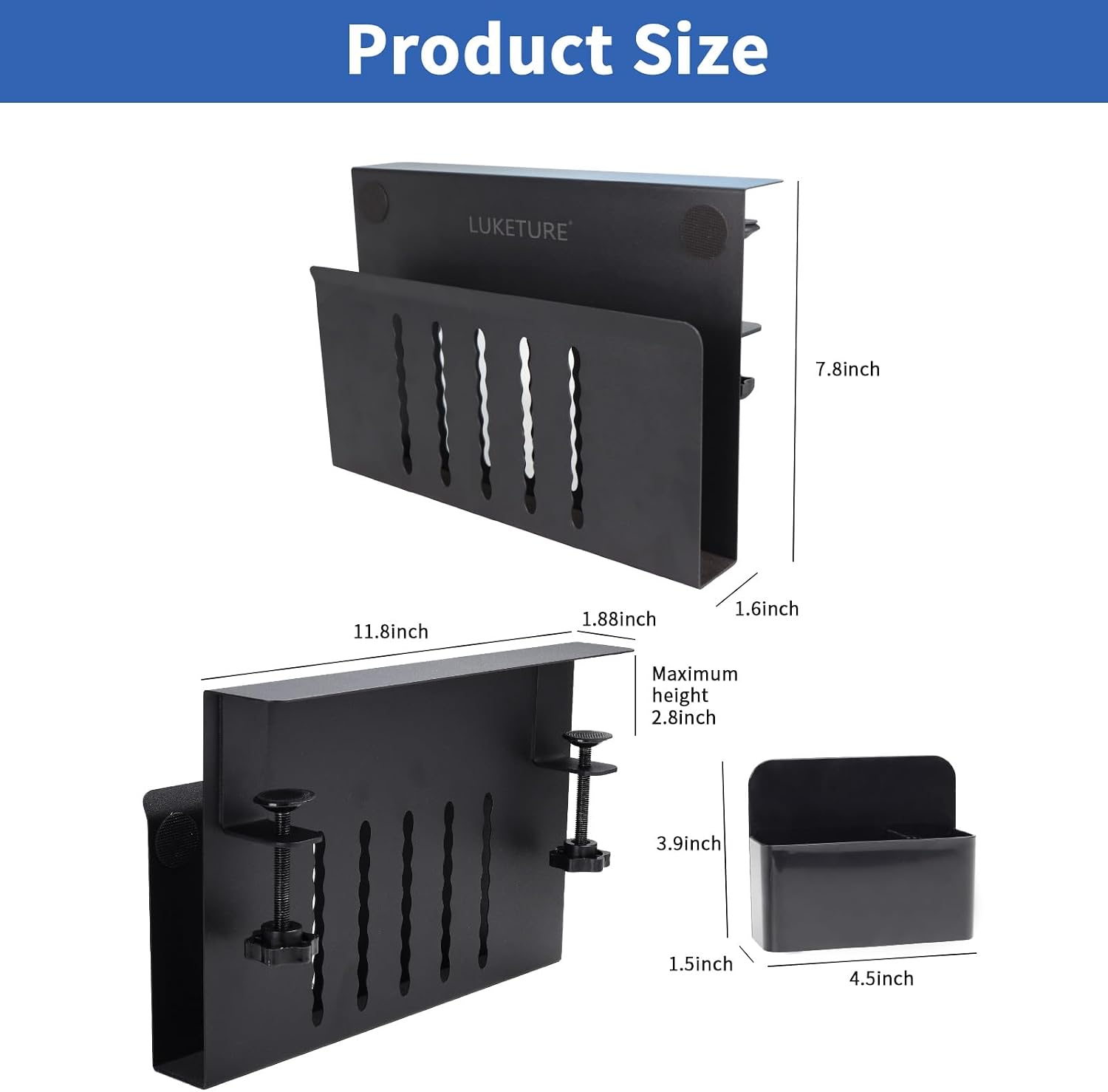 LUKETURE Desk Side Storage Laptop Holder No Drill Clamp On Organizer | Steel Side Desk Organizer, Clamp on Laptop Mount