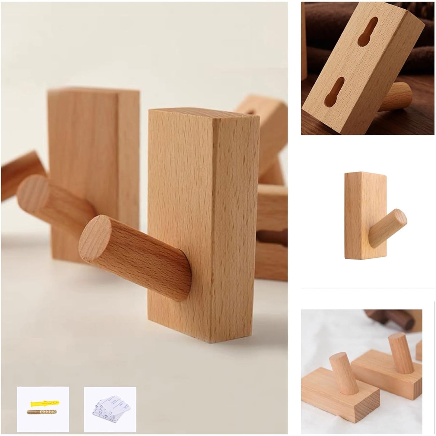Adhesive Wall Hooks Hat Rack / Rectangle-beech / Set of 4