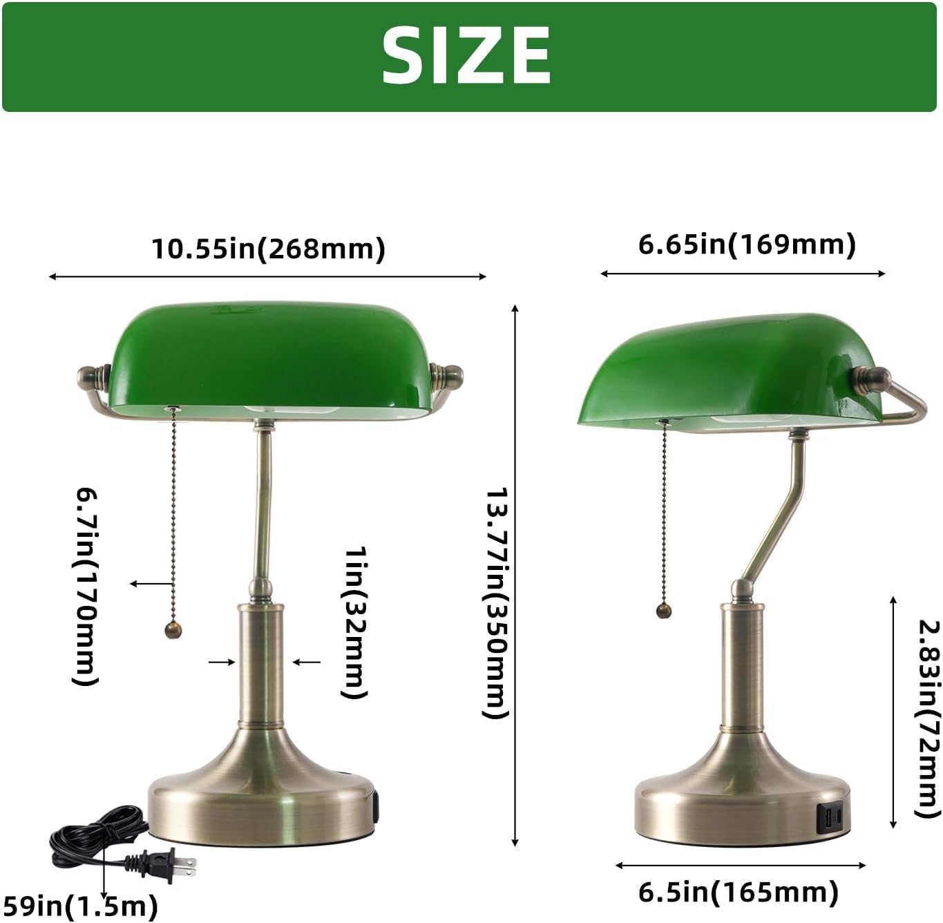 Banker Desk Lamp Green Glass, Antique Desk Lamps with Brass Base, Traditional Library Table Lamp with USB A and Type C