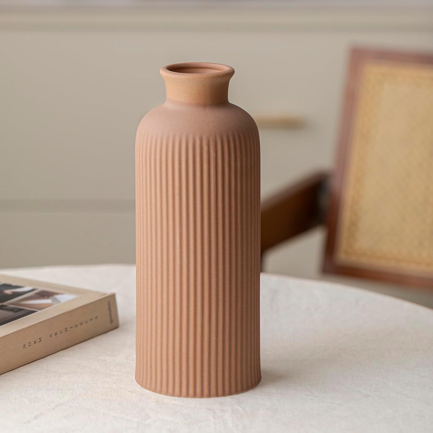 Ribbed Ceramic Vase for Flowers / Coffee / 10 Inch