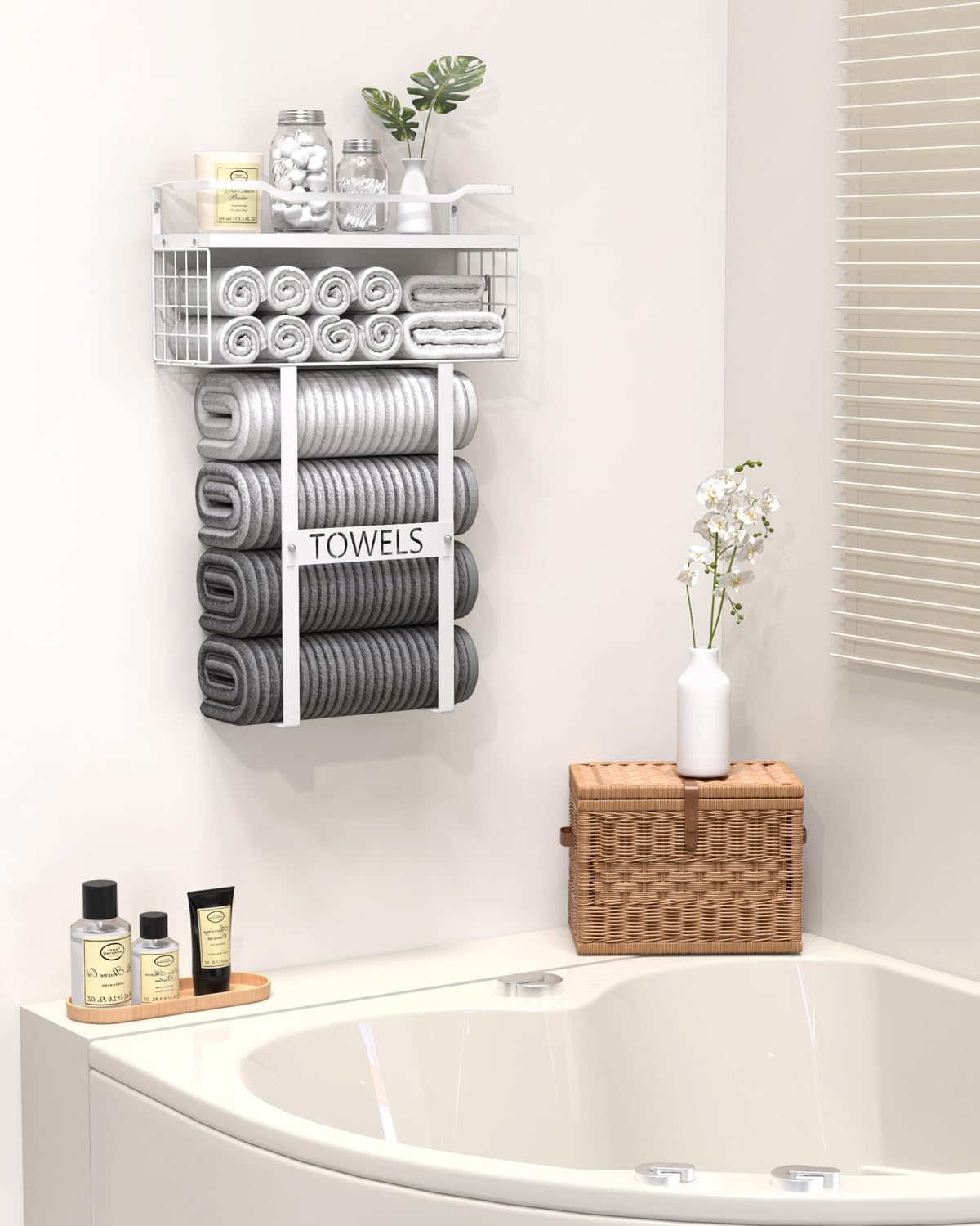 Towel Racks for Bathroom Wall Mounted - Bath Wall Towel Holder Set Above Toilet Storage, Rolled Towel Shelf Organizer