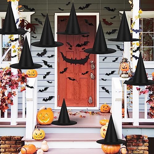 14 Pieces Halloween Black Witch Hats with 32 Pieces 3D Bats Sticker Wall Decor and 328 Feet Hanging Rope Witch Hat Decoration Cosplay Costume Accessory Caps Halloween Fancy Caps Yard Decor