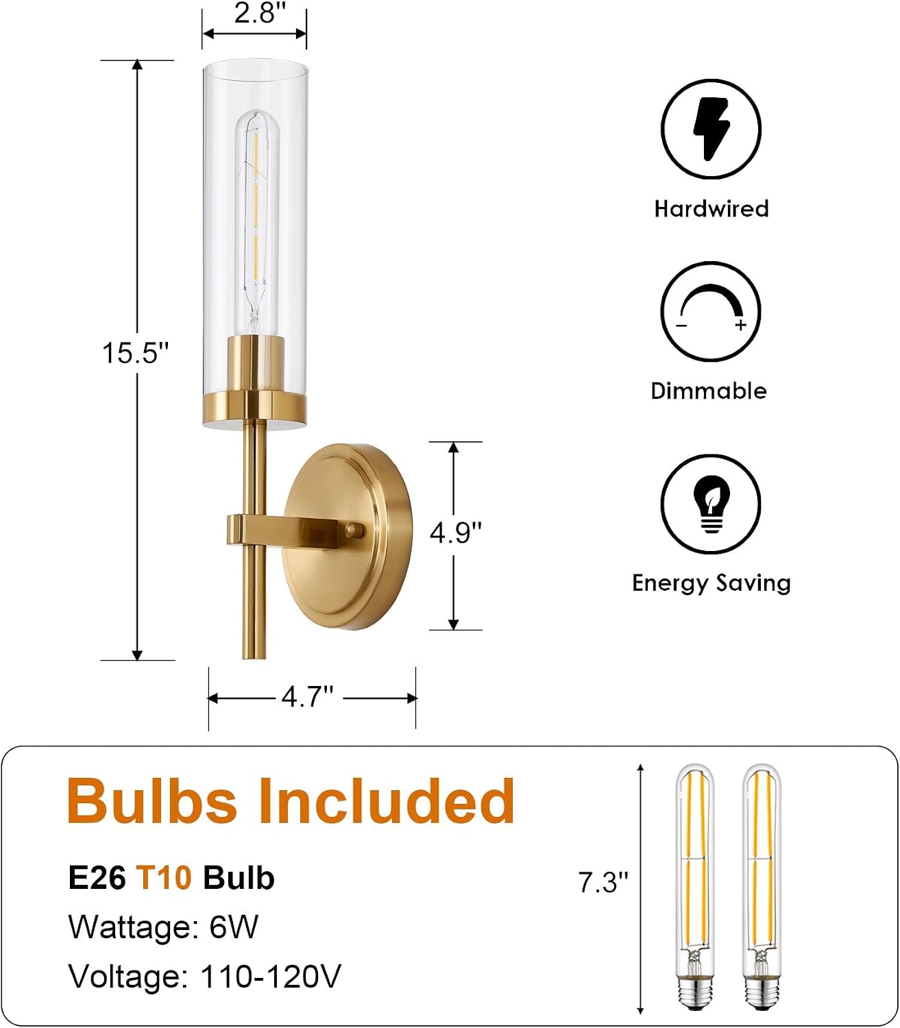 Hardwired Wall Sconces Set of Two, Brushed Gold Bathroom Sconces Wall Lighting Vanity Light Fixtures with Clear Glass