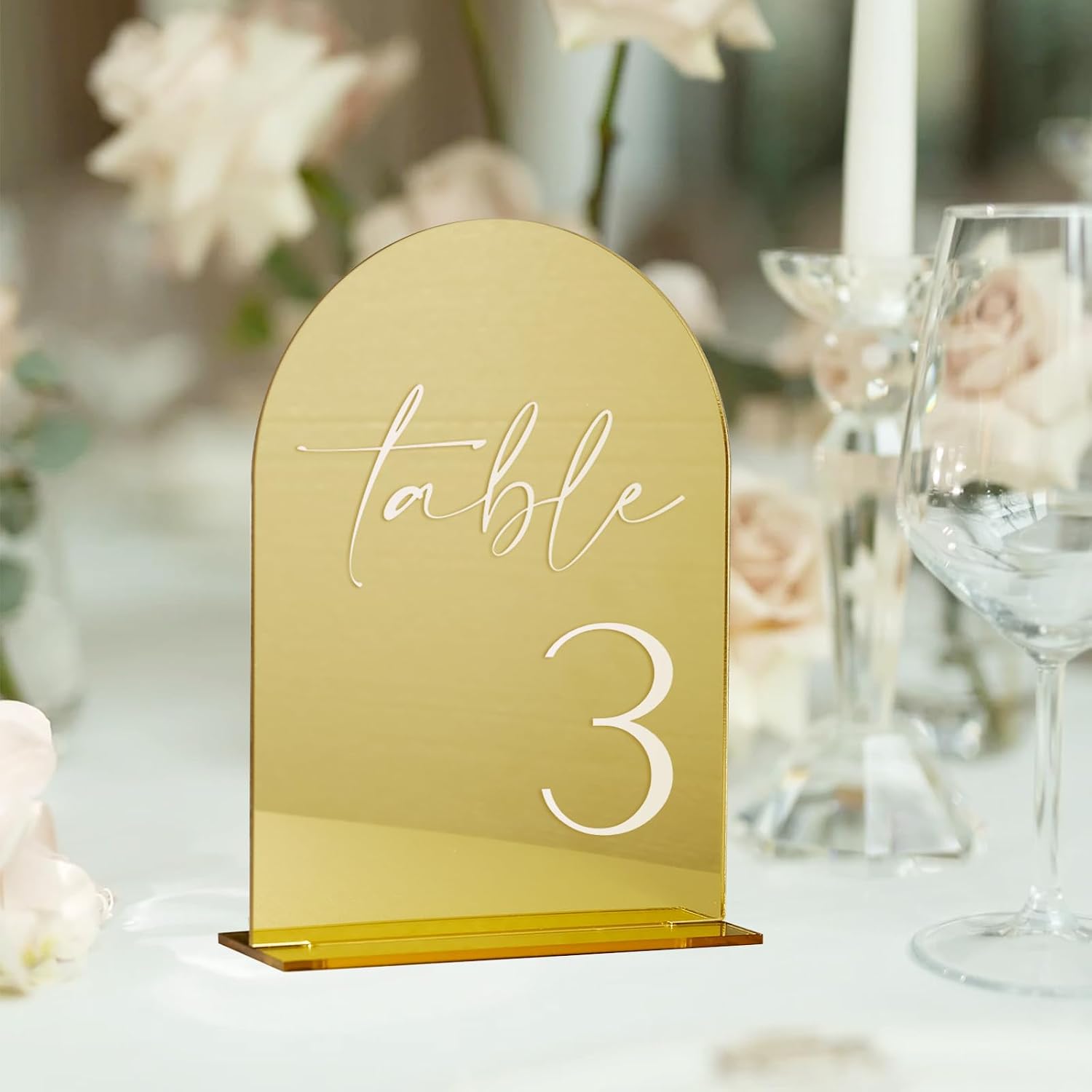 HOODO Gold Mirror Acrylic Wedding Table Numbers 1-10 with Stands, 5"x7" Arched Acrylic Signs and Holders, Gold Mirror