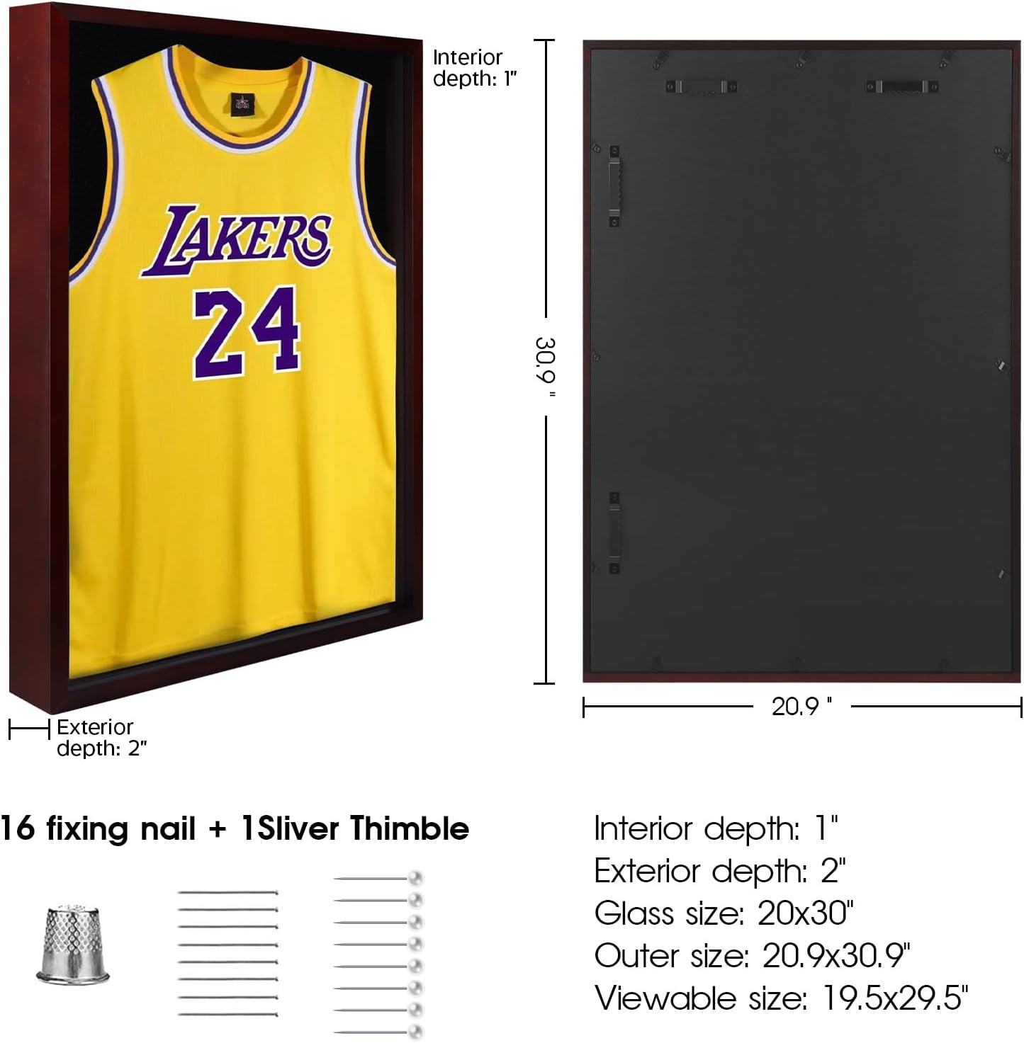 1DOT2 Jersey Frame Display Case 20x30 Large Shadow Box, Cherry Red | Grade A Natural Pine Wood, HD Acrylic, 1 Inch