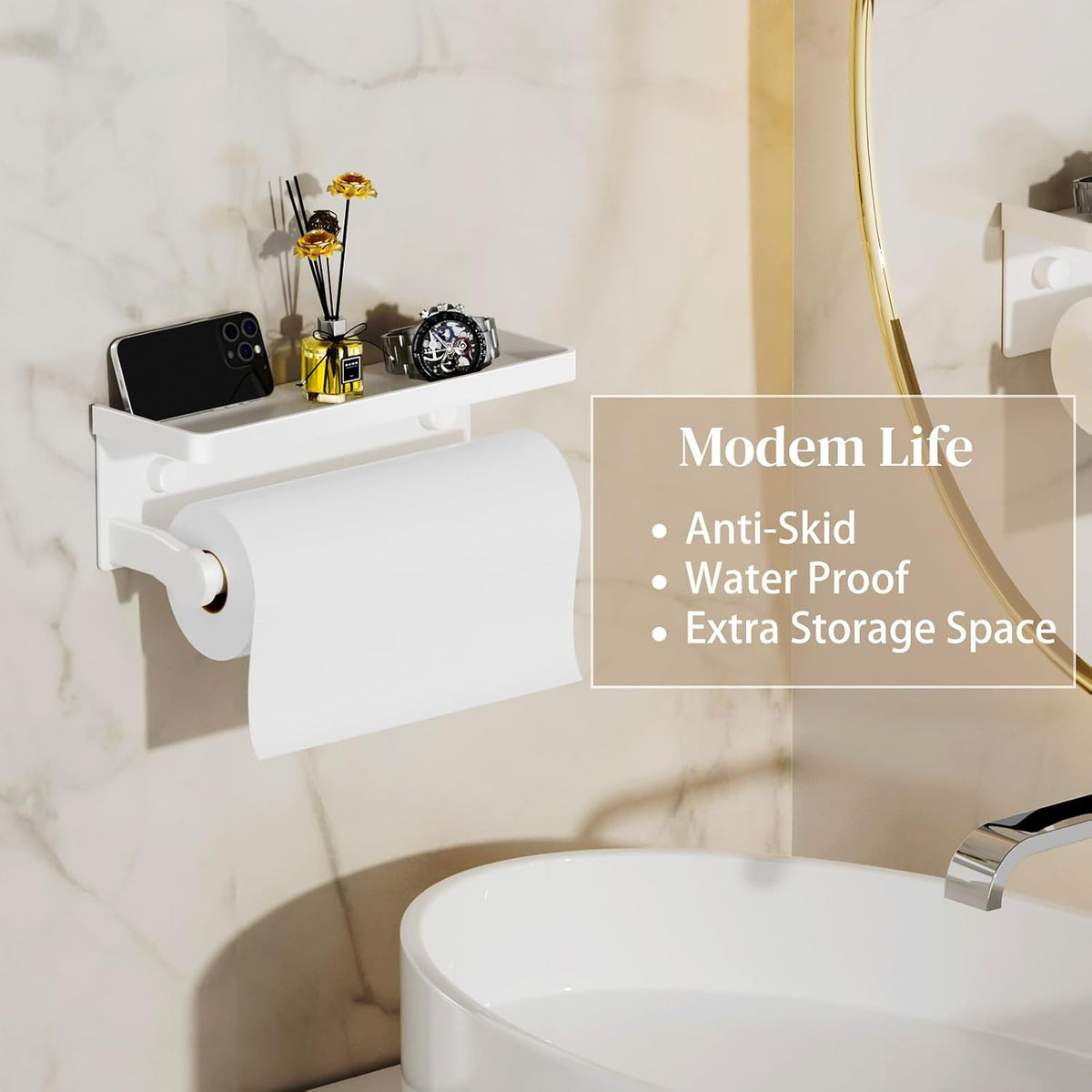 White Paper Towel Holder with Shelf, Wall Mount Paper Towel Holder for Bathroom Kitchen, Hand Towel Rack Holder,Paper