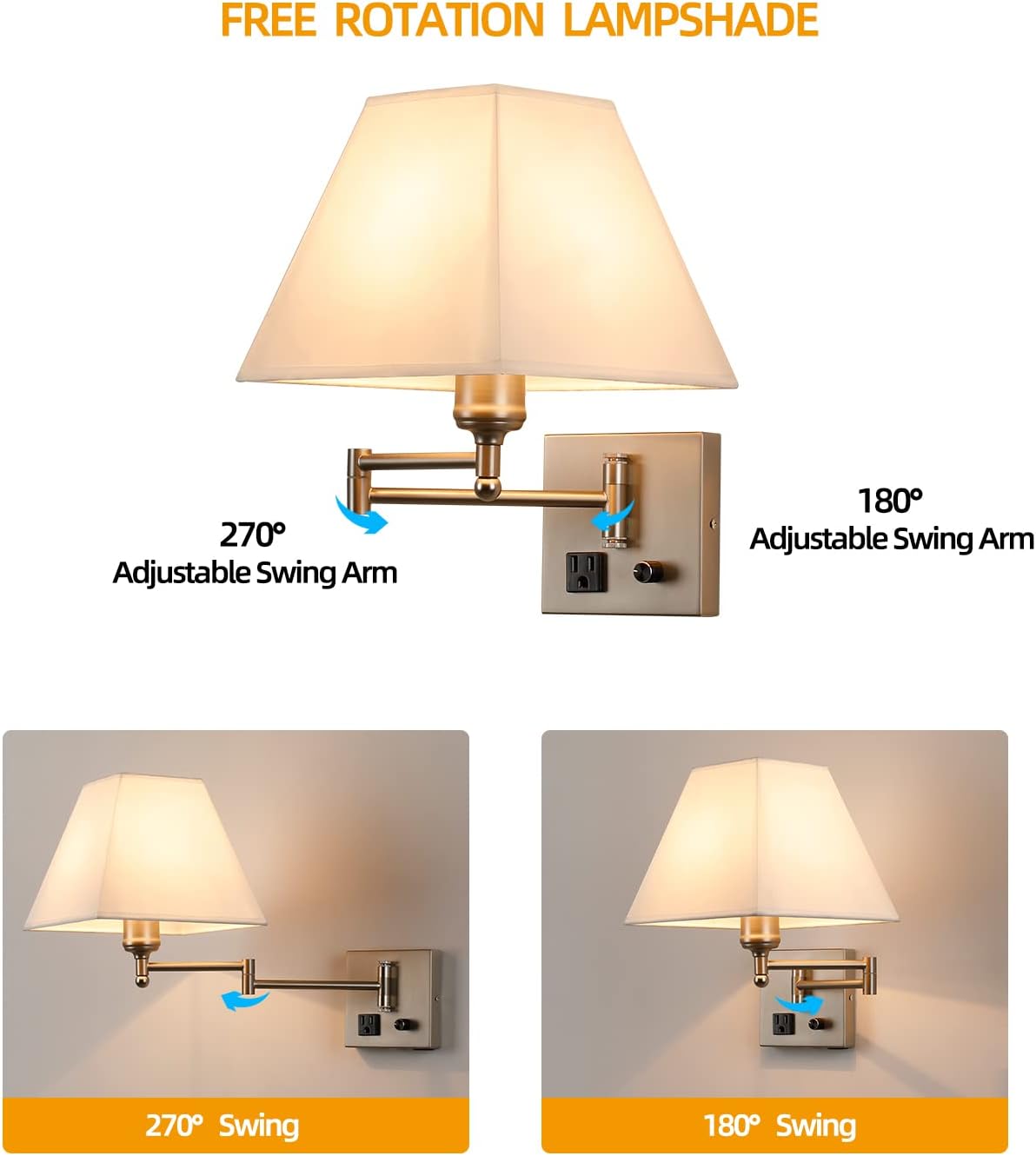 Plug in Wall Light,Swing Arm Wall Sconces with USB Port and Outlet,Wall Lamp with White Fabric Shade Dimmable Switch