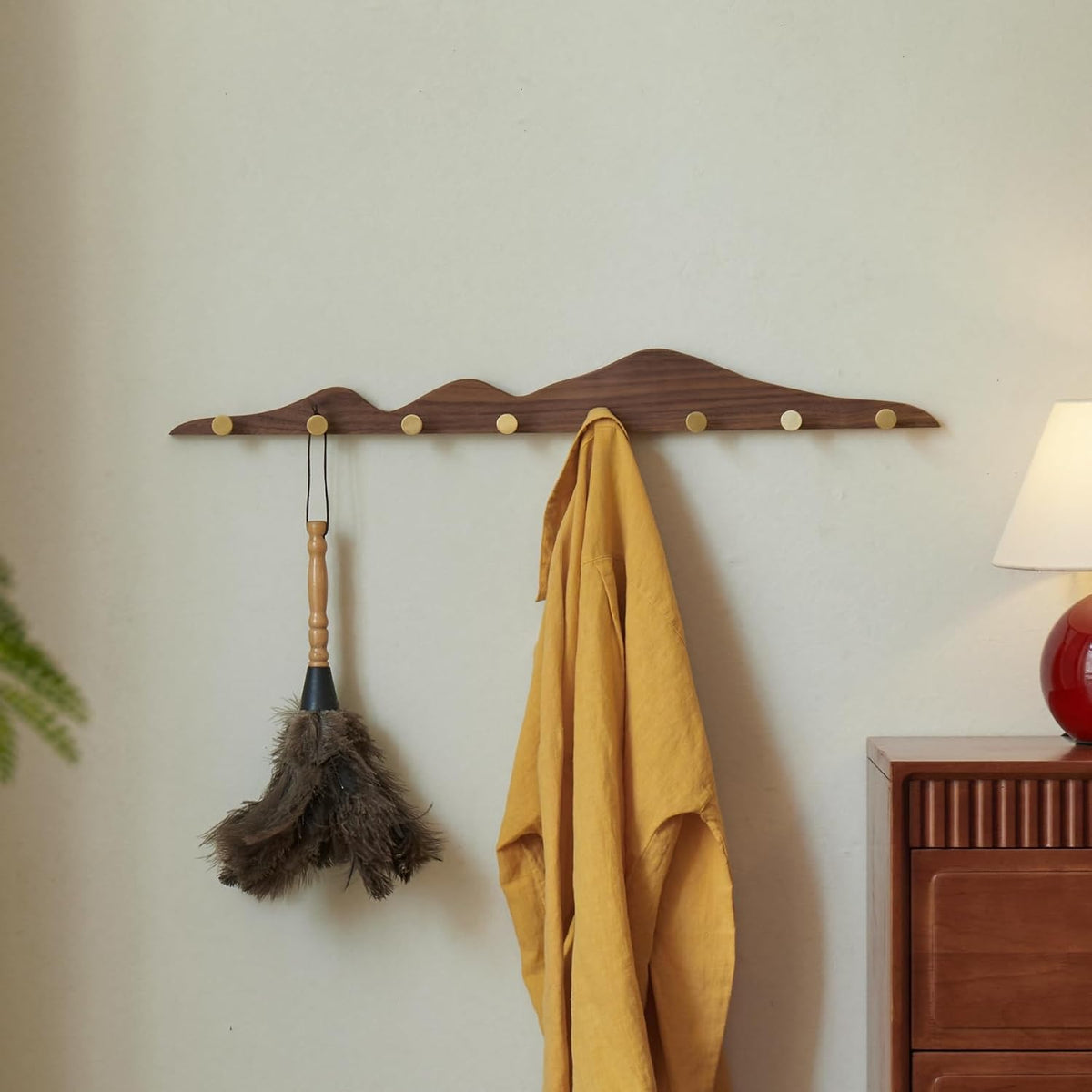 Wall Coat Rack, Walnut Wood, 8 Hooks | Elegant, Solid Coat Hanger Wall Mount, Brass Hooks, Moisture-Resistant Wax Oil