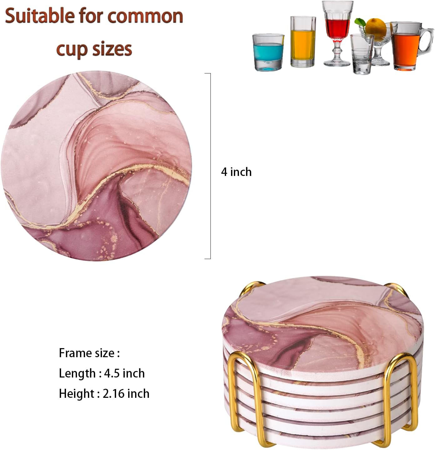 Gold Holder and Cork Base Round Decorative Tabletop / Pink / Set of 6