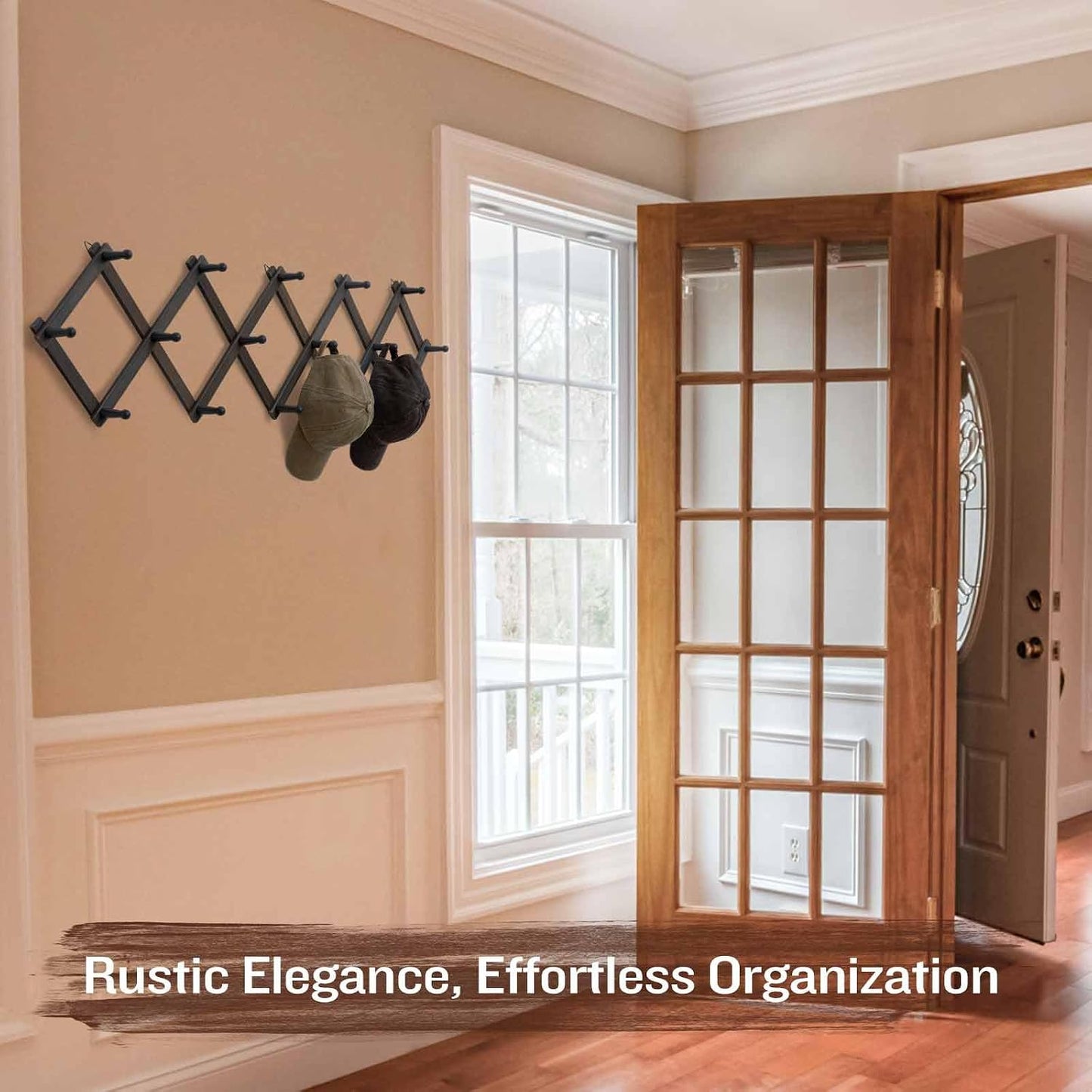 SCUNDA Rustic Wall Mounted Hat Rack with Space Saving Accordion Design, Expandable Hat Holder with 16 Wood Hooks