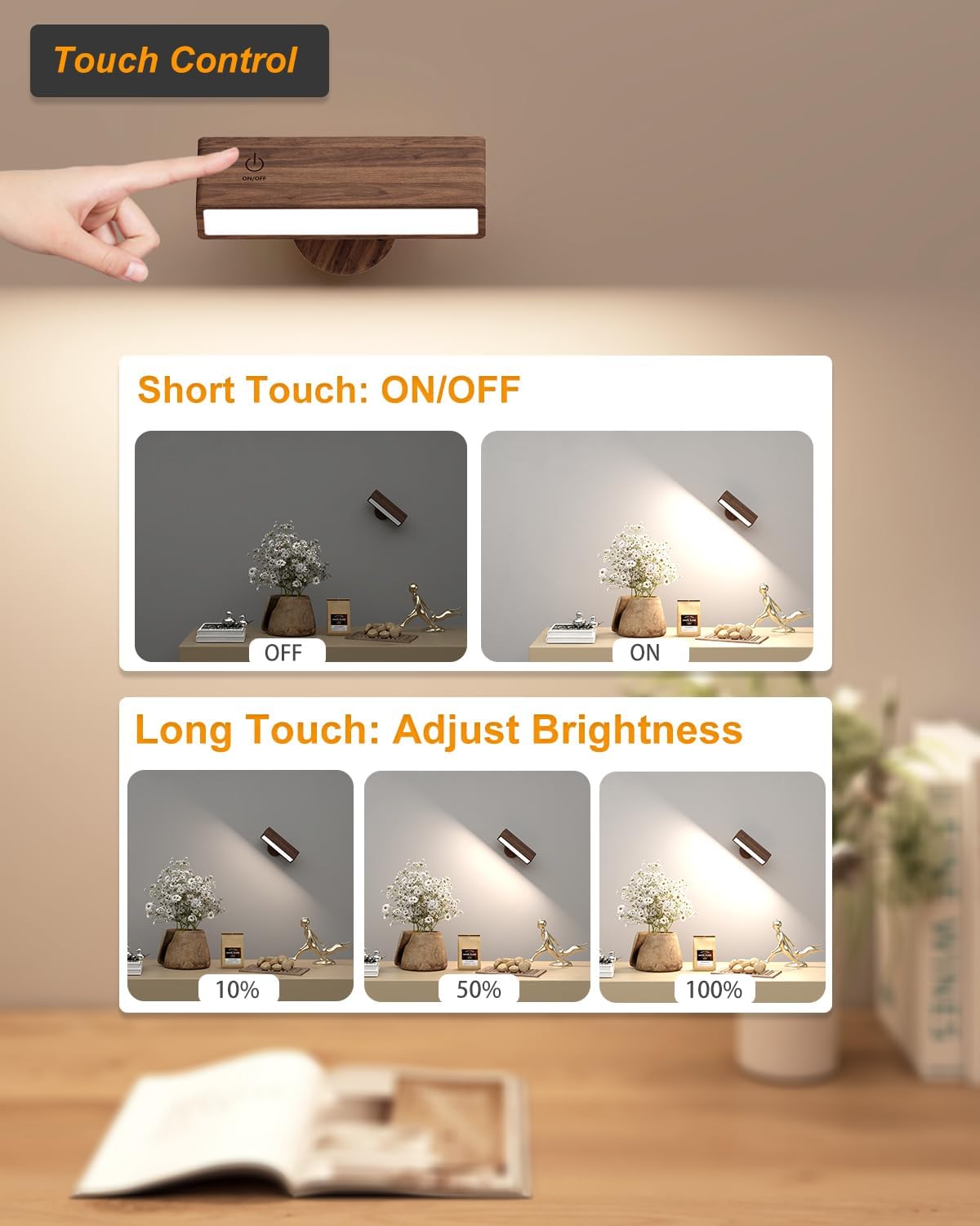 DetarZinLED Wall Lights Battery Operated Wooden,Magnetic Wall Sconces Rechargeable,Adhesive Wall Lights for