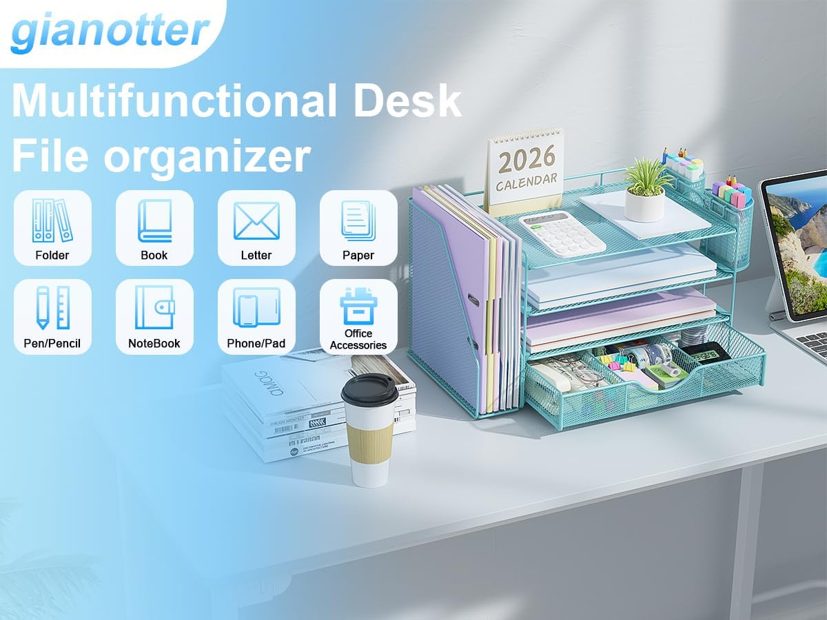 gianotter Desk Organizers and Accessories with File Holder, 4-Tier Desk Accessories & Workspace Organizers with Drawer