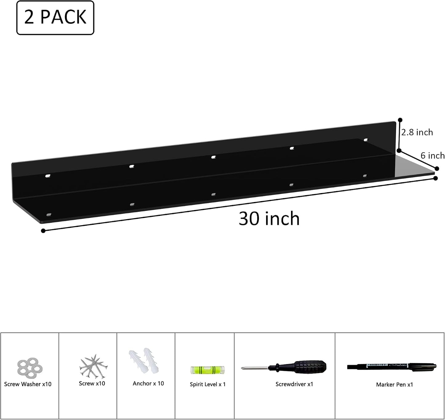 Sezanrpt 30 Inches Acrylic Long Wall Shelf Set of 2, Black Wall Mounted Acrylic Bathroom Storage Shelves Display