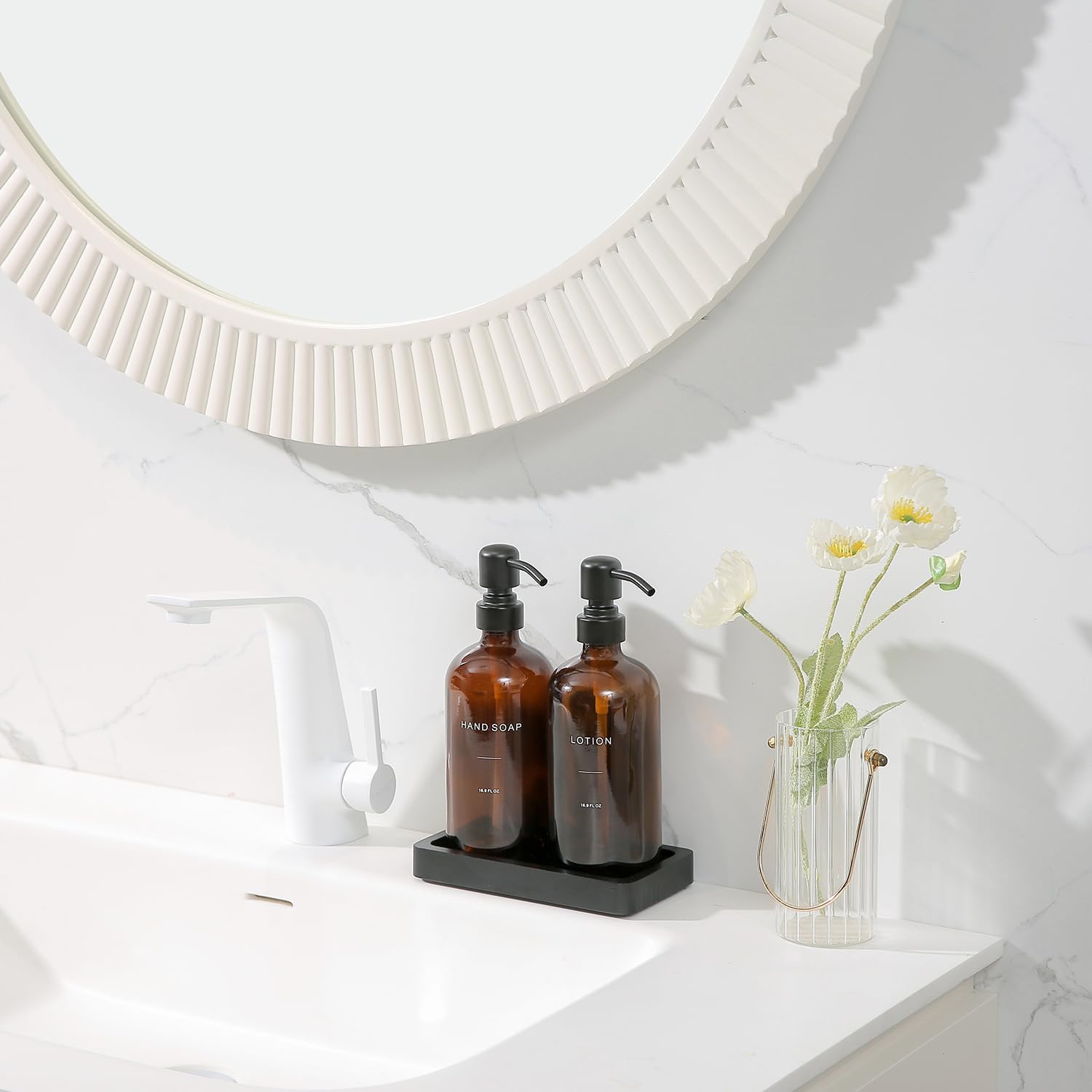 Prus Waso Amber Glass Soap Dispenser Set | Hand Soap and Lotion Set with Black Stainless Steel Pump, Perfect for Modern
