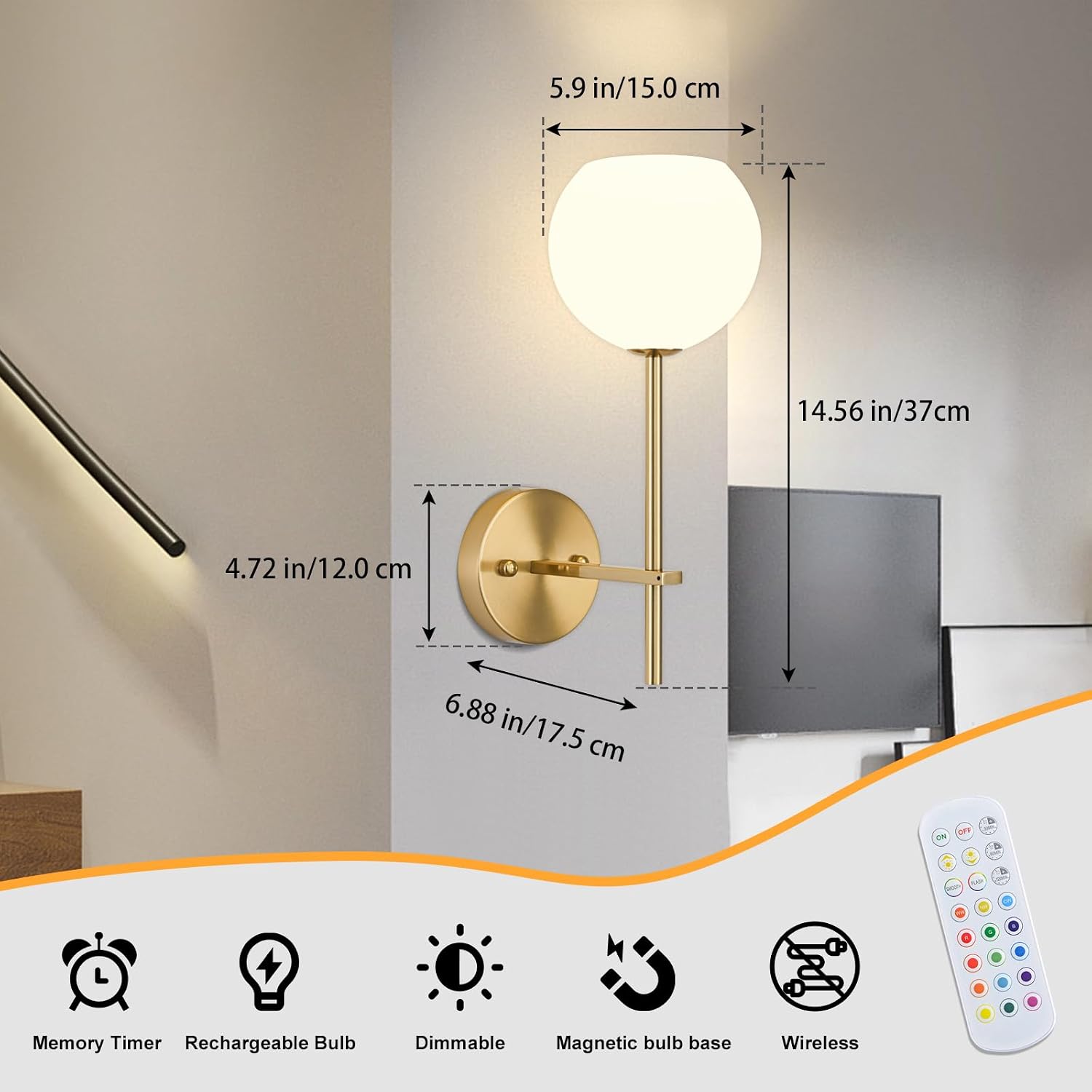 Gold Battery Operated Wall Sconces Set of 2, Rechargeable Wireless Wall Lights with Milky White Frosted Glass Shade, 12