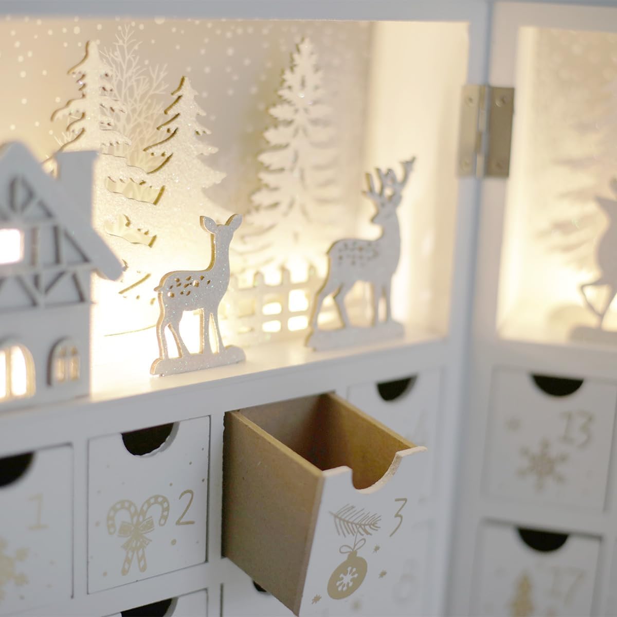 Wooden Christmas Advent Calendar Book with LED-lit Winter Forest Scene - 24 Drawer Countdown with Fine Silver Reindeer
