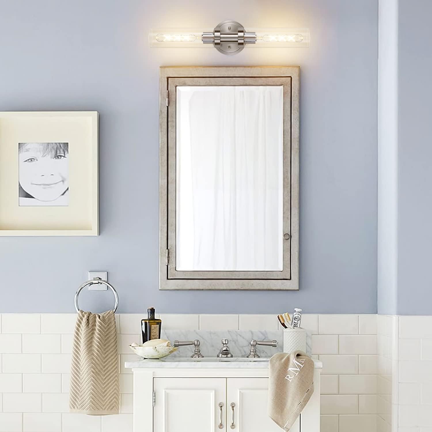 Brushed Nickel 2-Light Bathroom Vanity Light Fixture, Modern Bathroom Sconces Wall Lighting W/Clear Glass Shade