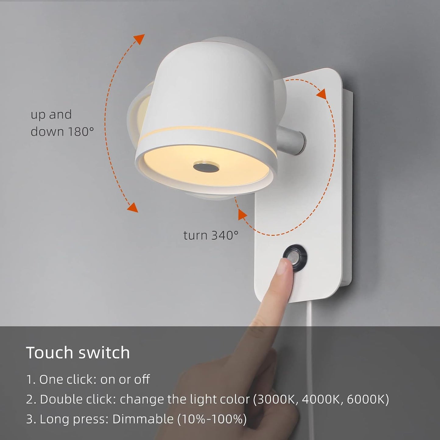 Aisilan LED Plug in Wall Sconce with Touch Dimmable Control Adjustable Wall Mounted Lamp Angle Anti-Glare Matte White