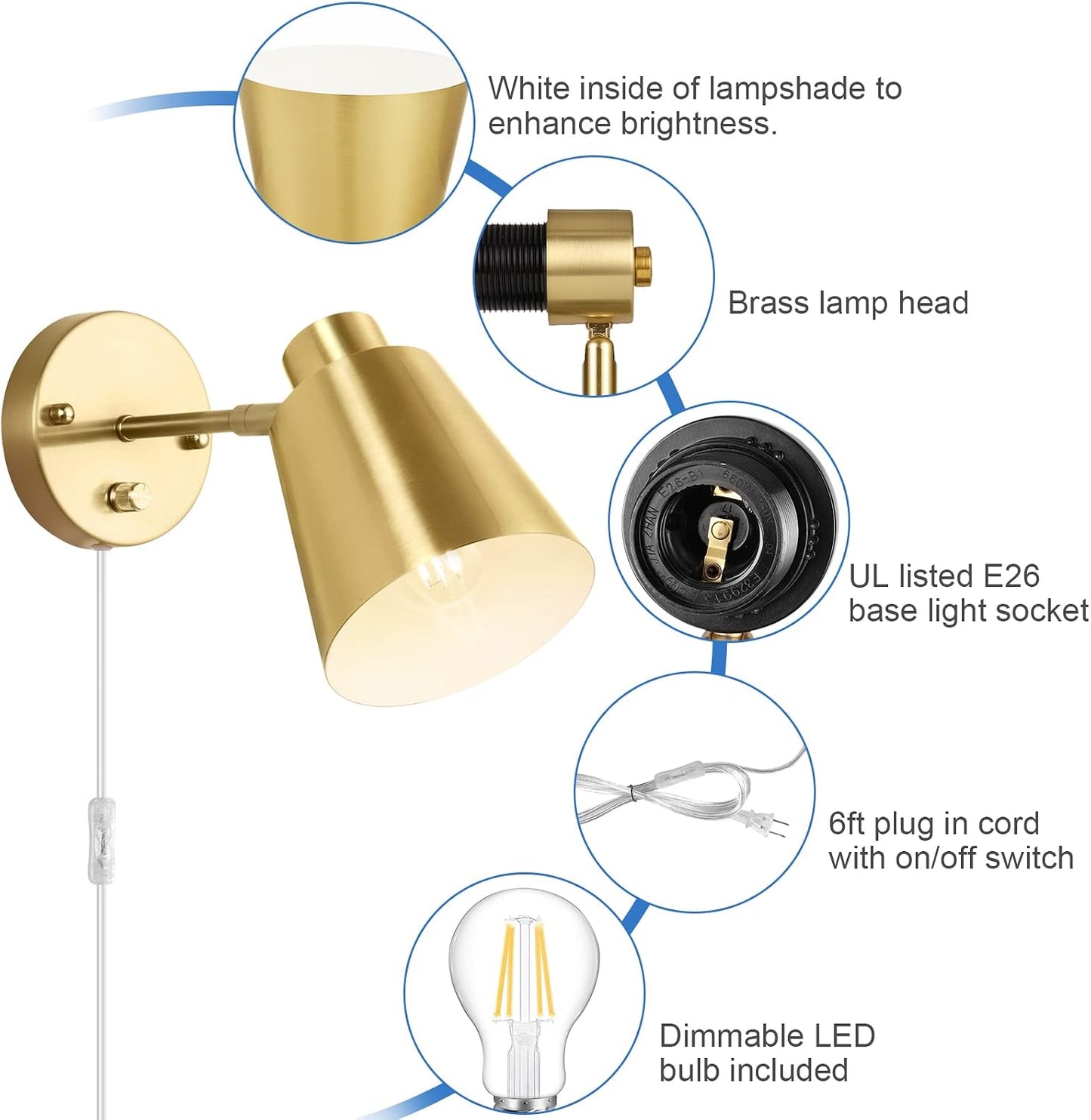 VATONI Dimmable Wall Sconce, Plug in Wall Sconce Adjustable Angle Wall Lights with Plug in Cord and Dimmer On/Off knob