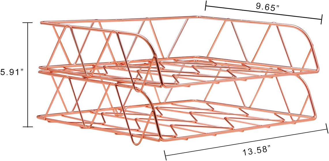 2 Packs Desktop File Organizer Metal Stackable Horizontal Letter Tray Paper Holder Rack, Rose Gold