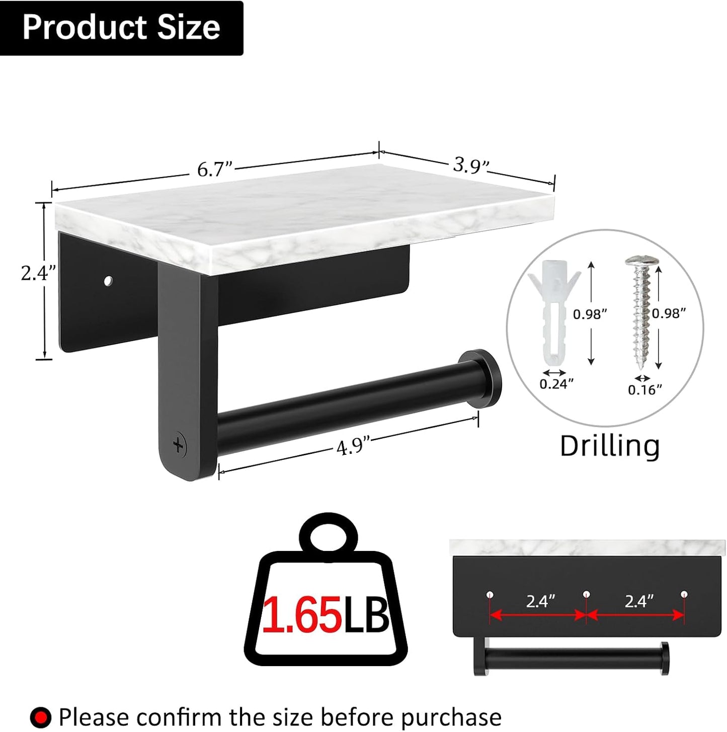 Gypie Marble Toilet Paper Holder with Shelf, Wall Mounted Matte Black | Stainless Steel Tissue Roll Paper Holder