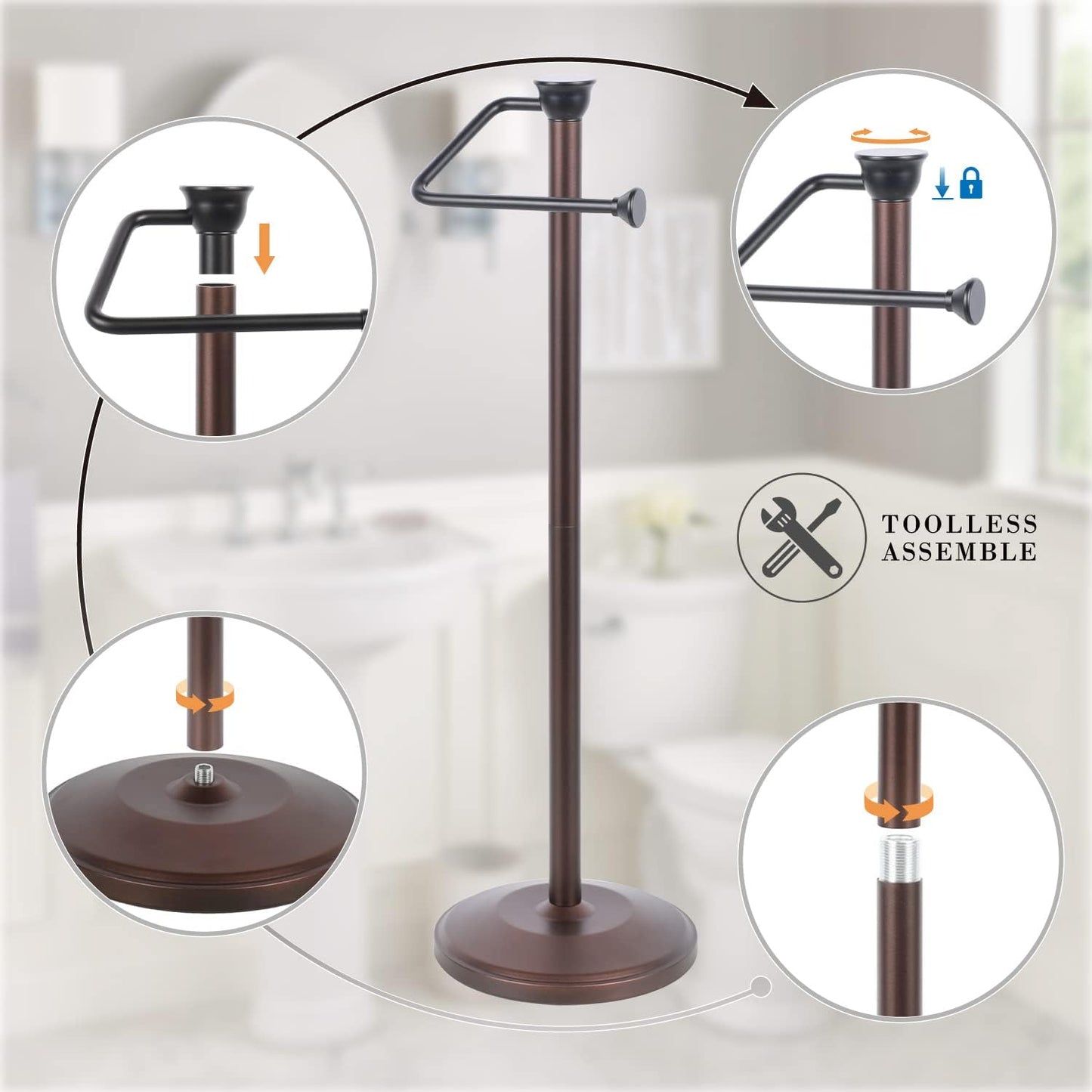 Toilet Paper Holder Stand, Freestanding Tissue Roll Dispenser with Reserve Storage, Bathroom Organizer for 5 Mega