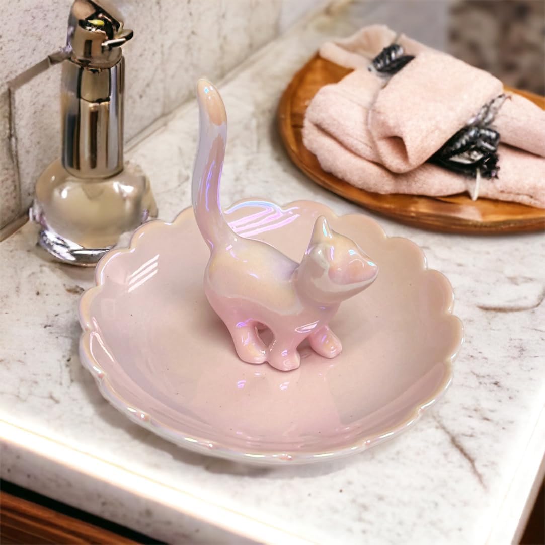 Cat Ring Holder Trinket Tray Ceramic Jewelry Dish Decorative Ring Holder/Trinket Tray / Pink
