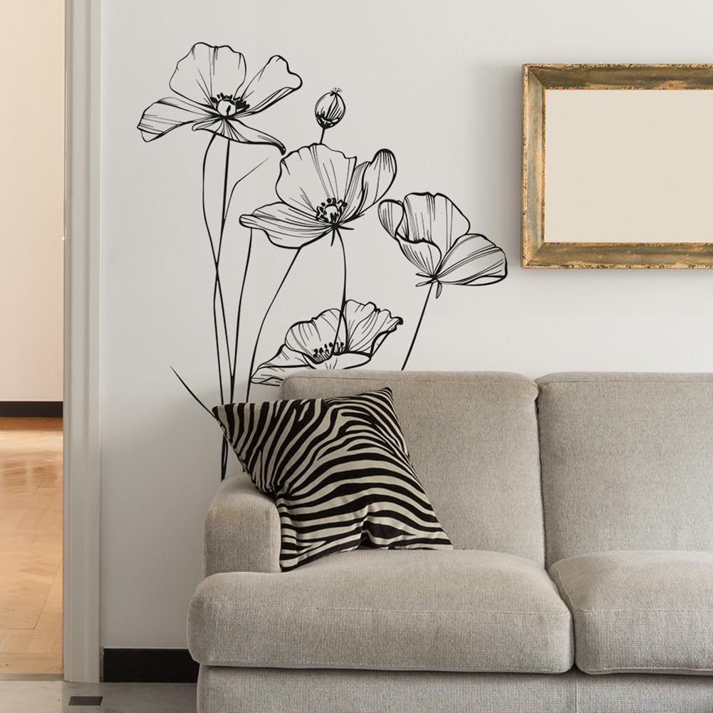White Poppy Flower Wall Decal Minimalist Sketch Botanical Wall Art PVC Peel Stick Wall / B / Black