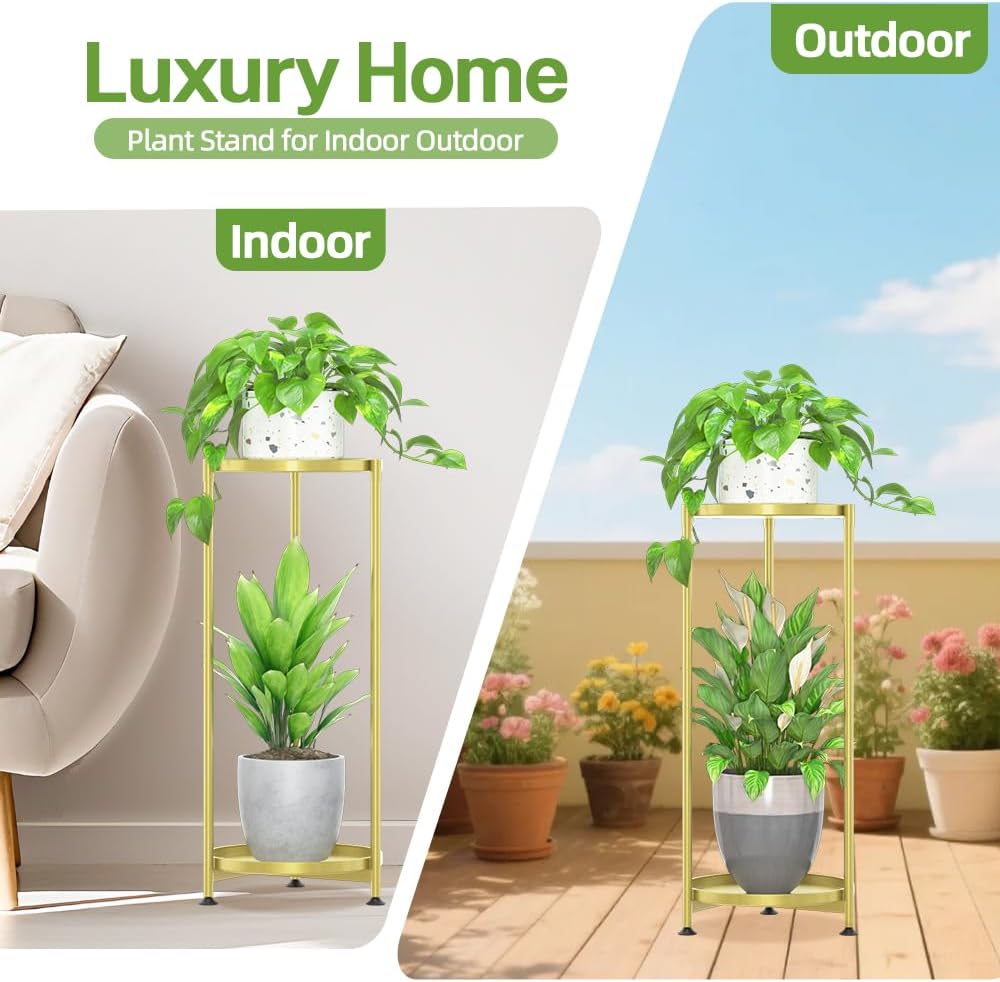 iDavosic.ly 2 Tier Metal Corner Plant Stand Indoor Outdoor, 29'' Tall Gold | Vertical Flower Display Holder for 11''