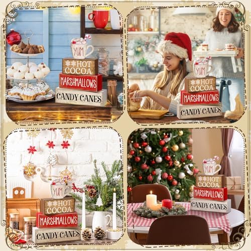 Moucuny 4 Pcs Christmas Table Decorations, Hot Cocoa Bar Wooden Block Signs