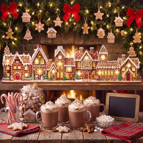 RattanView 15 in Christmas Table Decor Lighted Wooden Gingerbread Village