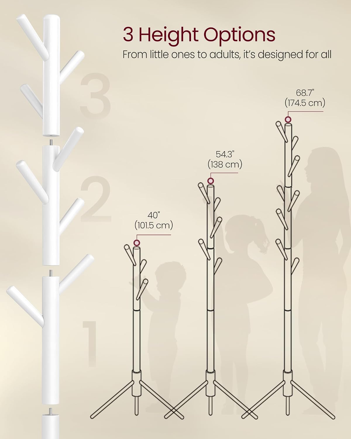 VASAGLE Solid Wood Coat Rack, Free Standing Tree-Shaped Coat Rack with 8 Hooks, 3 Height Options, for Clothes, Hats