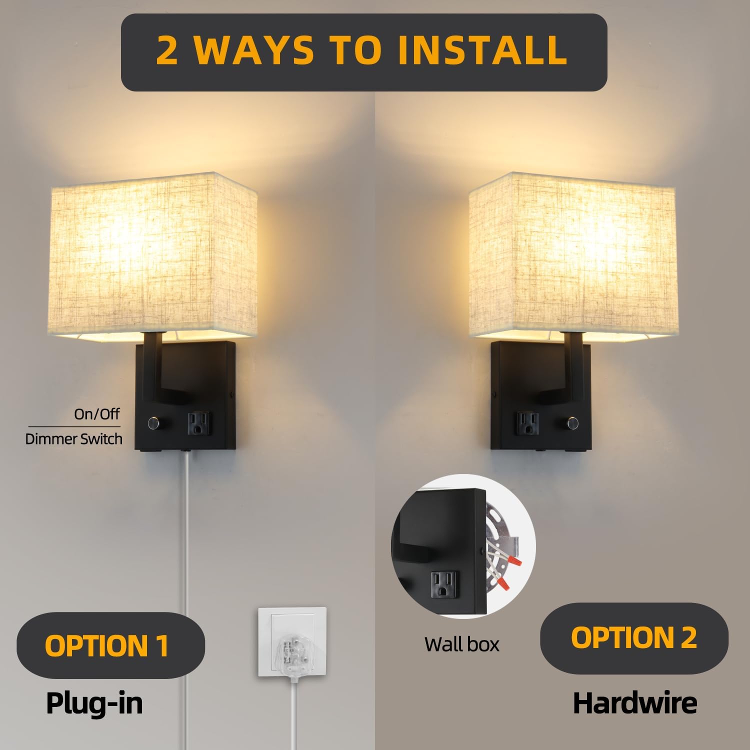Bedside Wall Mount Light with Outlet and Dimmable Switch, Black Fabric Shade Wall Sconce Light with USB Port and Plug