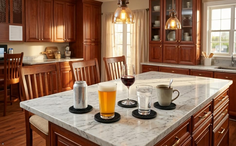 Holder / Bar Mat Style Silicone Beverage Coasters / Black / 4.25 Inch / Set of 6