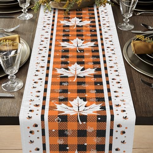 Niviy Maple Leaves Fall Table Runner with Buffalo Plaid, 13 x 108 Inch Seasonal Autumn Thanksgiving Table Decoration for Home Kitchen Dining Outdoor Indoor Holiday Farmhouse Decor