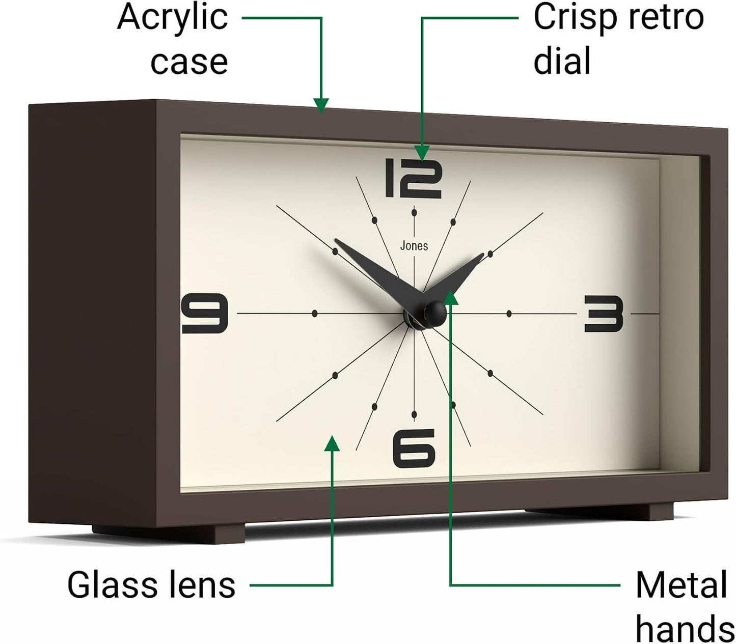 JONES CLOCKS® Odeon Desk Clock | Modern Rectangular Design | Brown | Stylish Retro Look for Shelf, Table, Mantel or