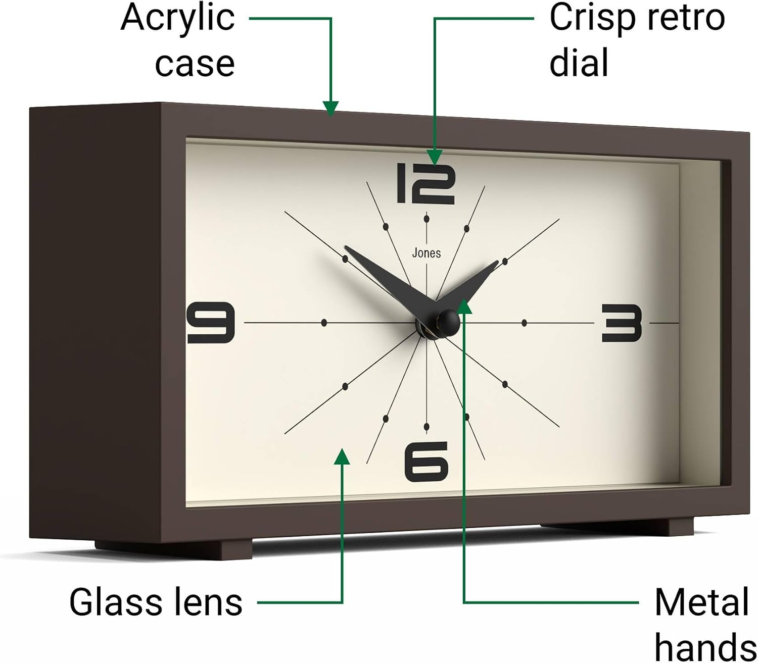 JONES CLOCKS® Odeon Desk Clock | Modern Rectangular Design | Brown | Stylish Retro Look for Shelf, Table, Mantel or