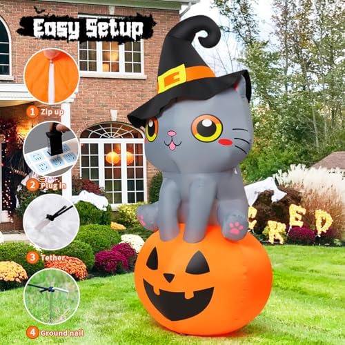 GOOSH 6 FT Halloween Inflatables Cat Outdoor Decorations Blow Up Yard Cute Wizard Cat Sitting Pumpkin with Built-in LEDs for Garden Lawn Indoor Party Decor